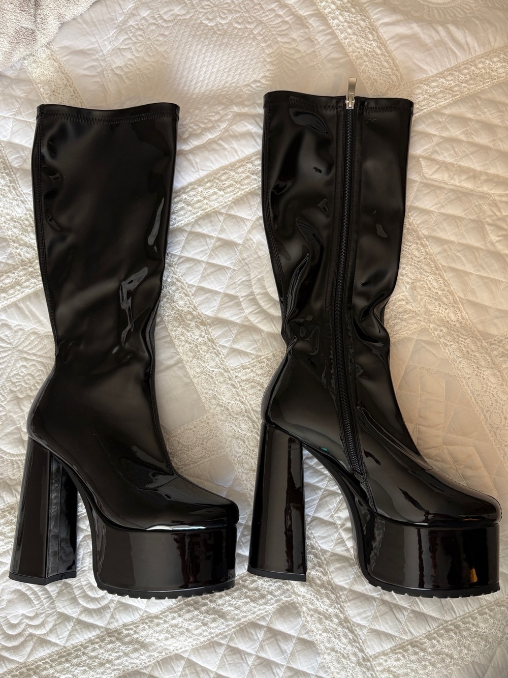 Black Patent Platform Knee-High Boots